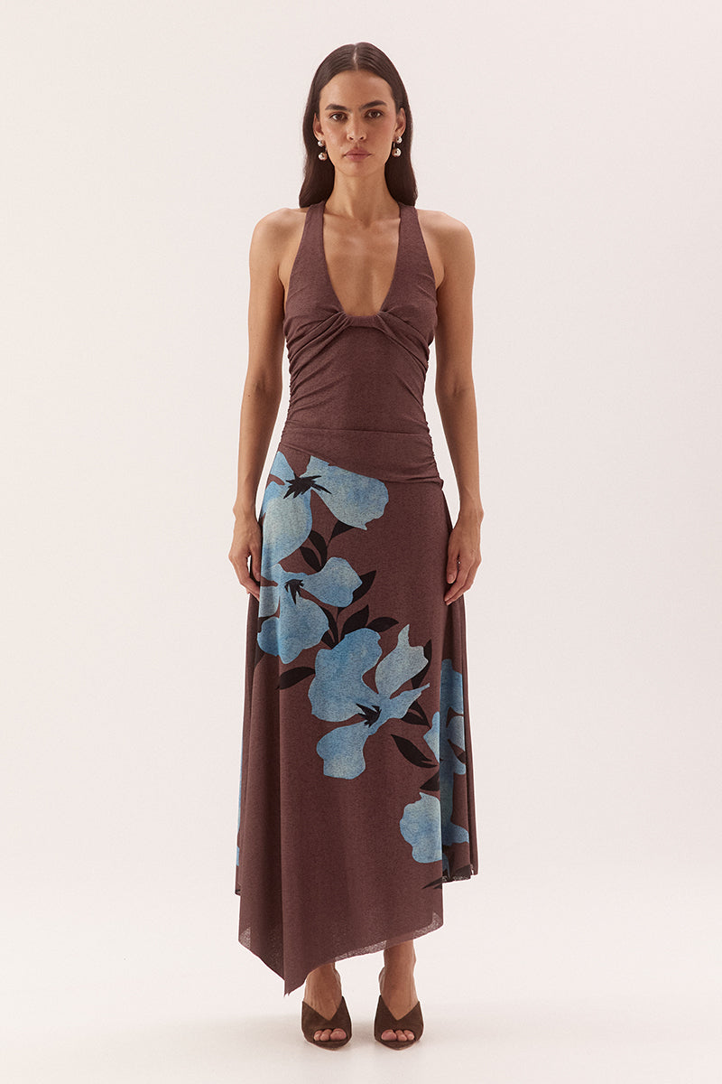 Dropped waist maxi dress in stretch textured mesh with asymmetric hem and scoop neckline