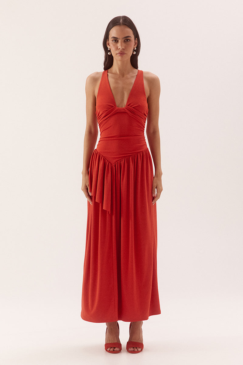 Dropped waist maxi dress in textured rib mesh with scoop neckline and one-sided frill overlay