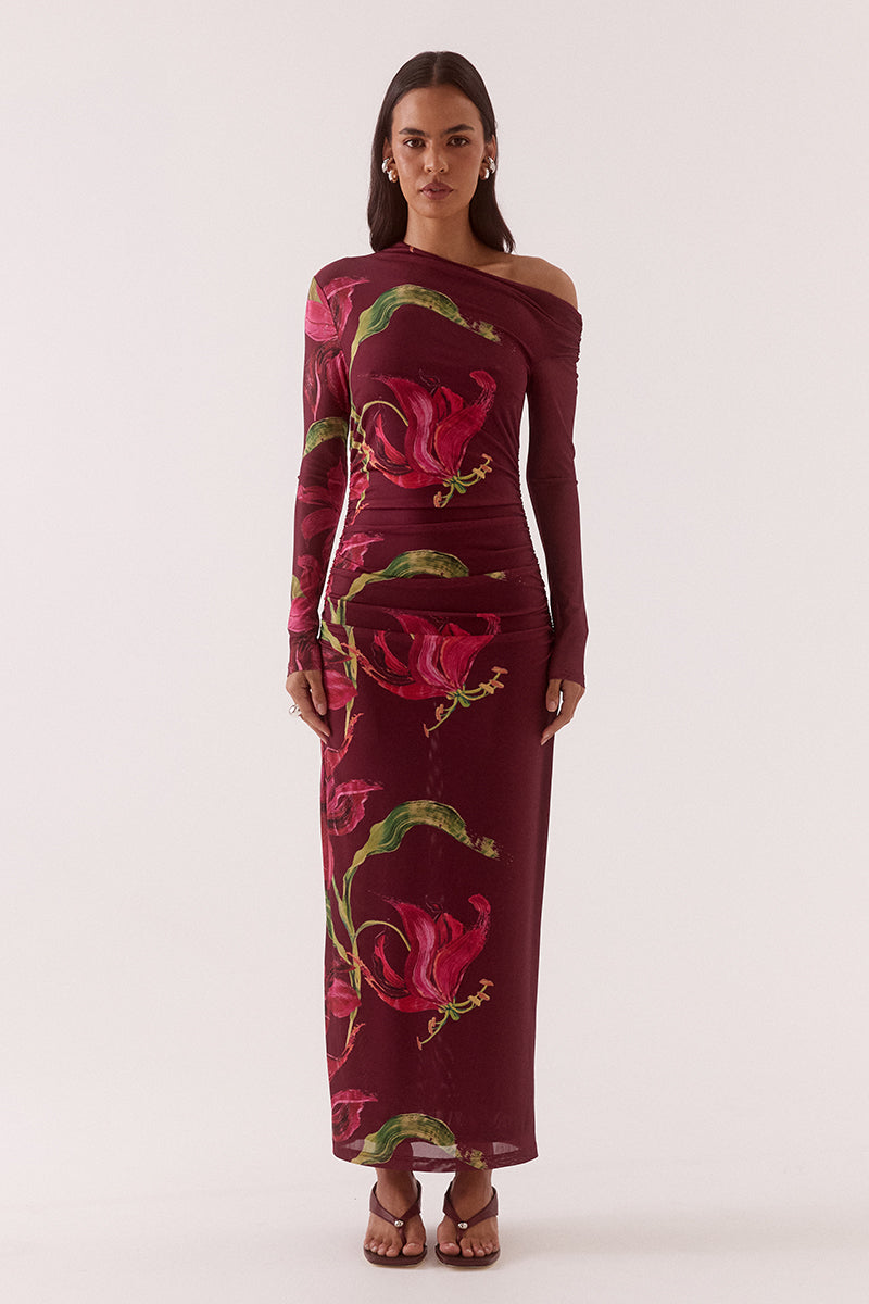 Women’s off-shoulder stretch mesh maxi dress with asymmetric high neck, long sleeves, gathered waist and side split in exclusive print