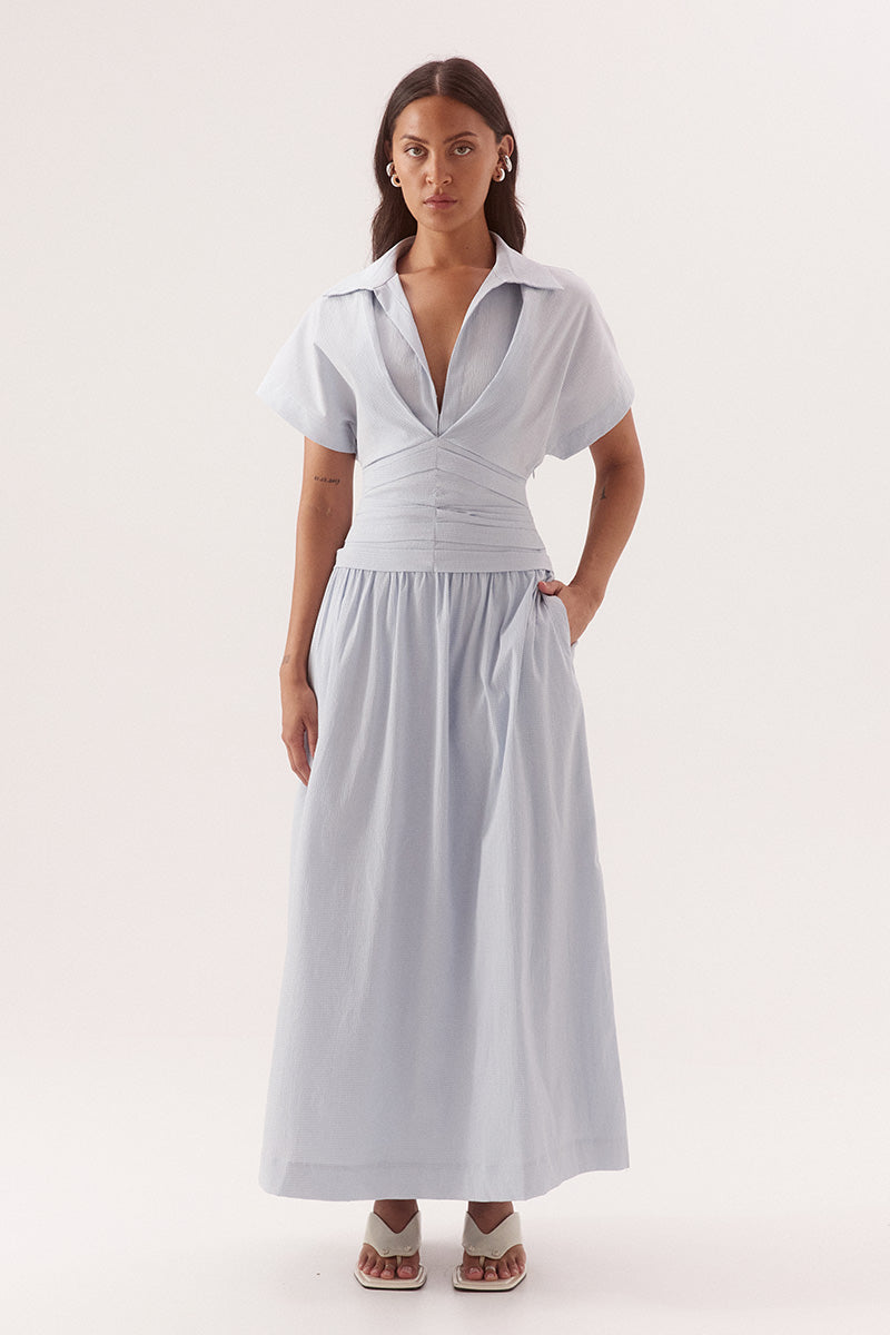 Pleated midi dress in stretch cotton with two piece collar and side leg splits