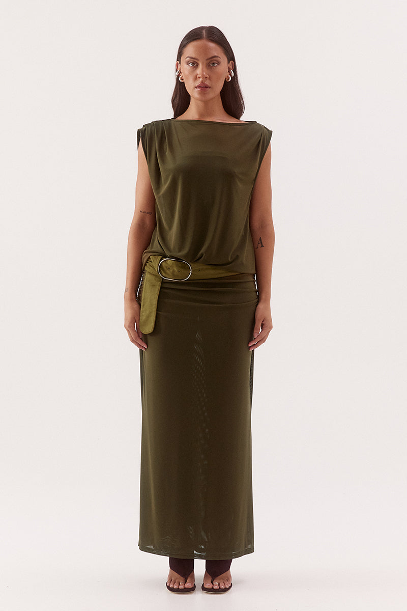 Women's stretch mesh sleeveless midi dress with sheer tank bodice, multiway neckline, gathered column skirt, built-in bralette and suede belt.