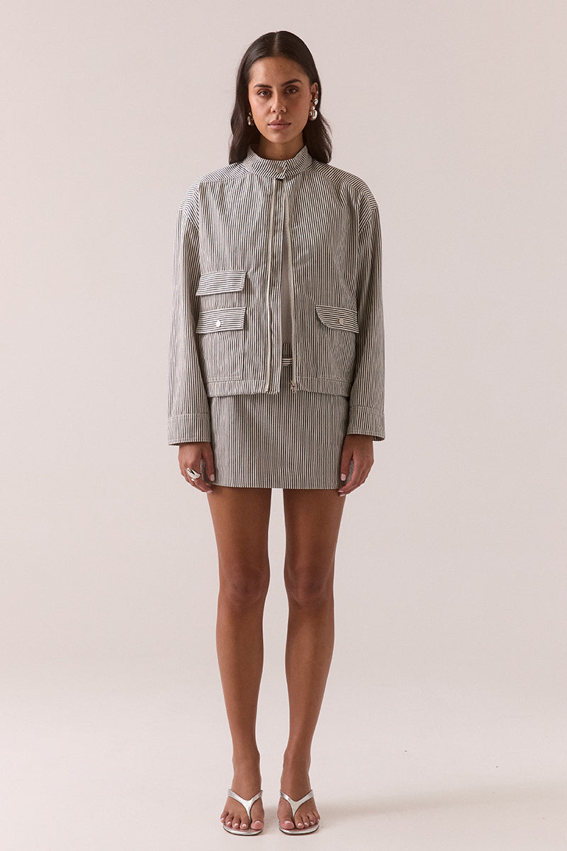 Striped jacket with functional patch pockets, welt pocket, and press-stud sleeve cuffs