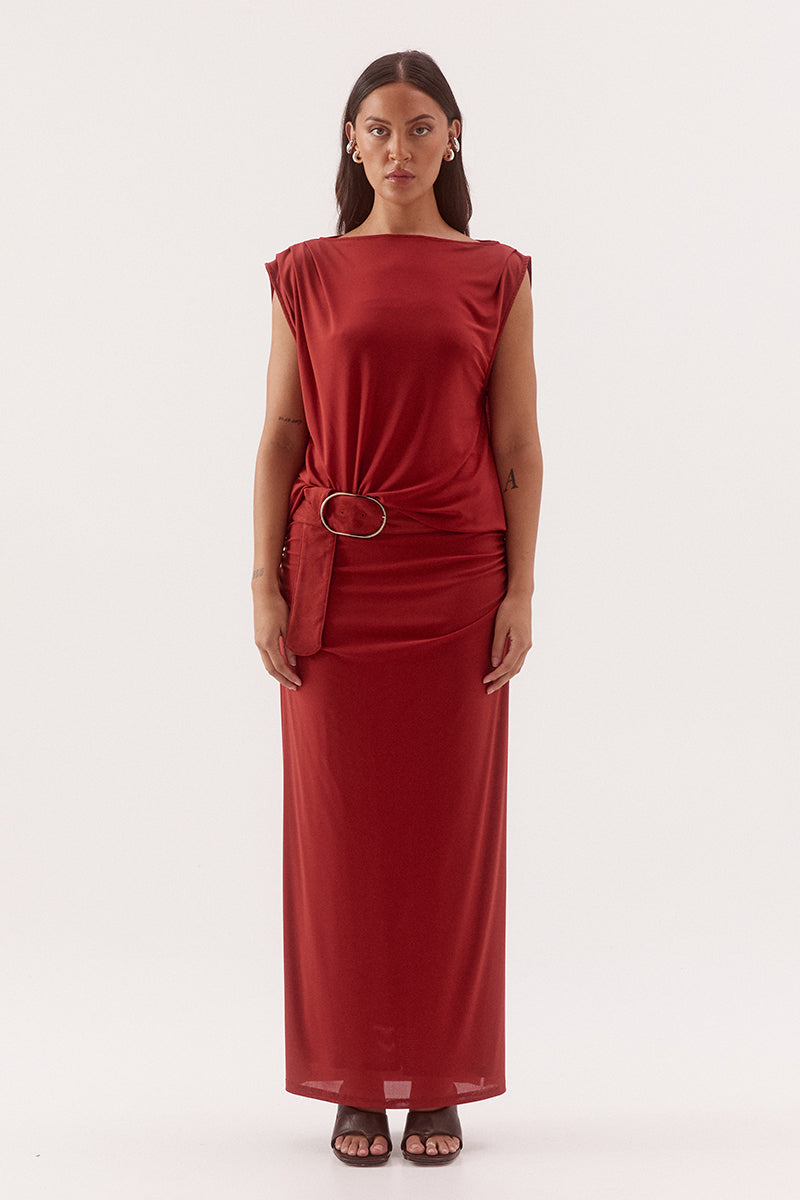 Women's stretch mesh sleeveless midi dress with sheer tank bodice, multiway neckline, gathered column skirt, built-in bralette and suede belt.