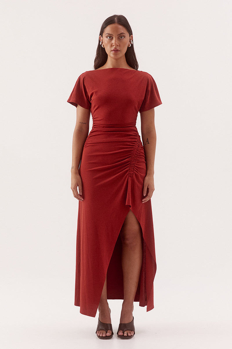 Women's textured stretch mesh fitted midi dress with off-shoulder option, short sleeves, gathered waist, boat neckline and front split.
