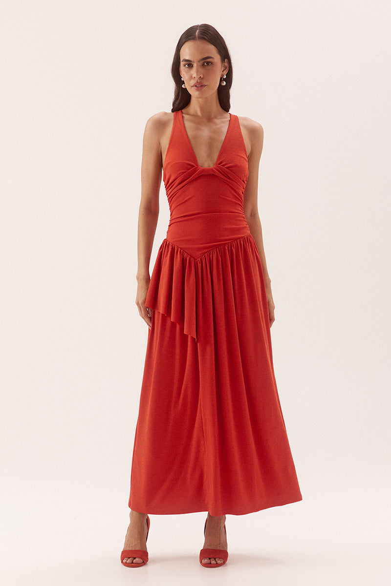 Dropped waist maxi dress in textured rib mesh with scoop neckline and one-sided frill overlay