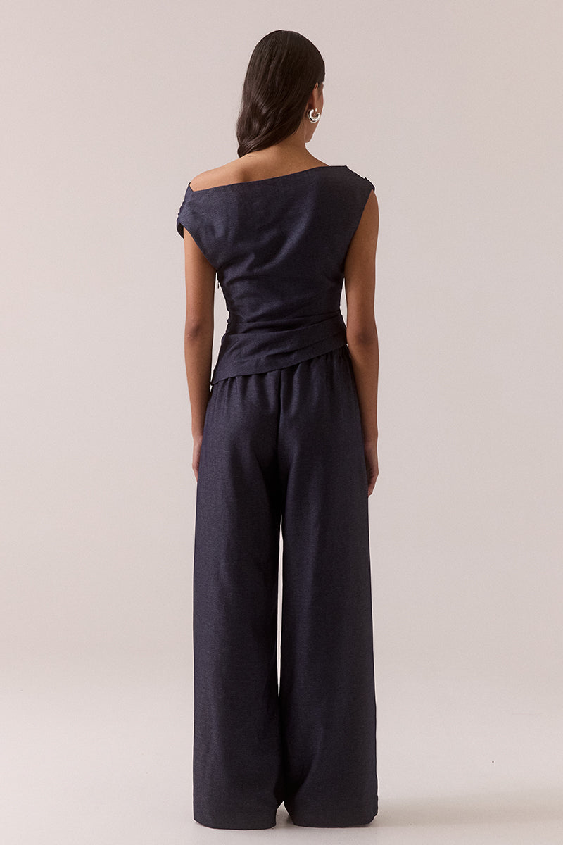 Fitted wide neck top with side tucks, shoulder detail and invisible side zipper