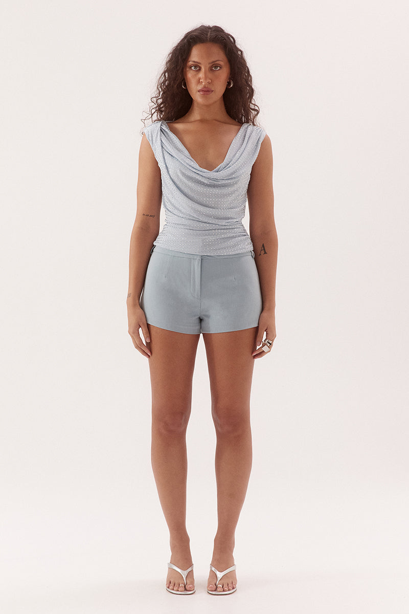 Sleeveless cowl neck top in diamante embellished stretch mesh with deep front and back drape