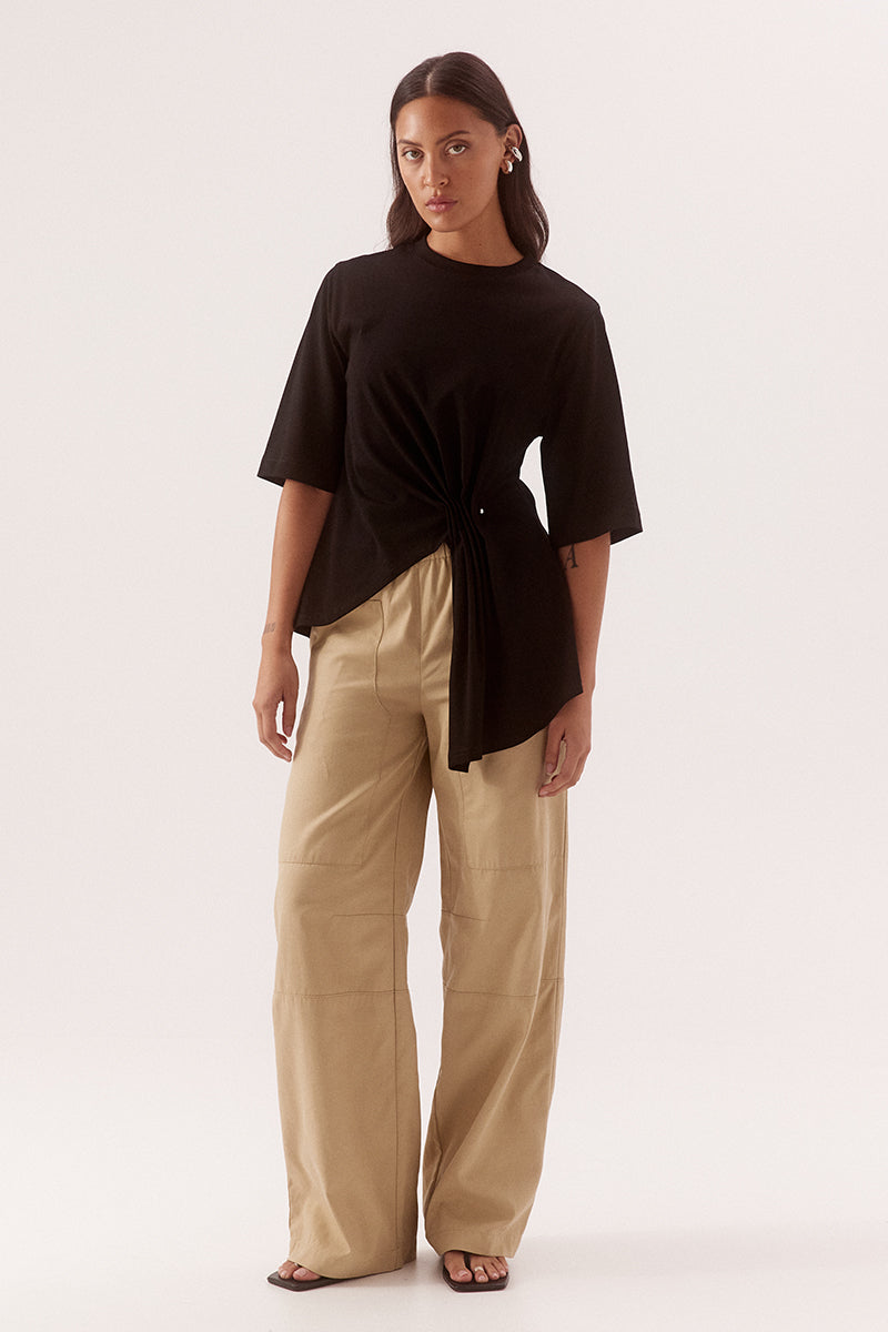Relaxed fit T-shirt mini dress in cotton with cinched waist and asymmetric pleated hem