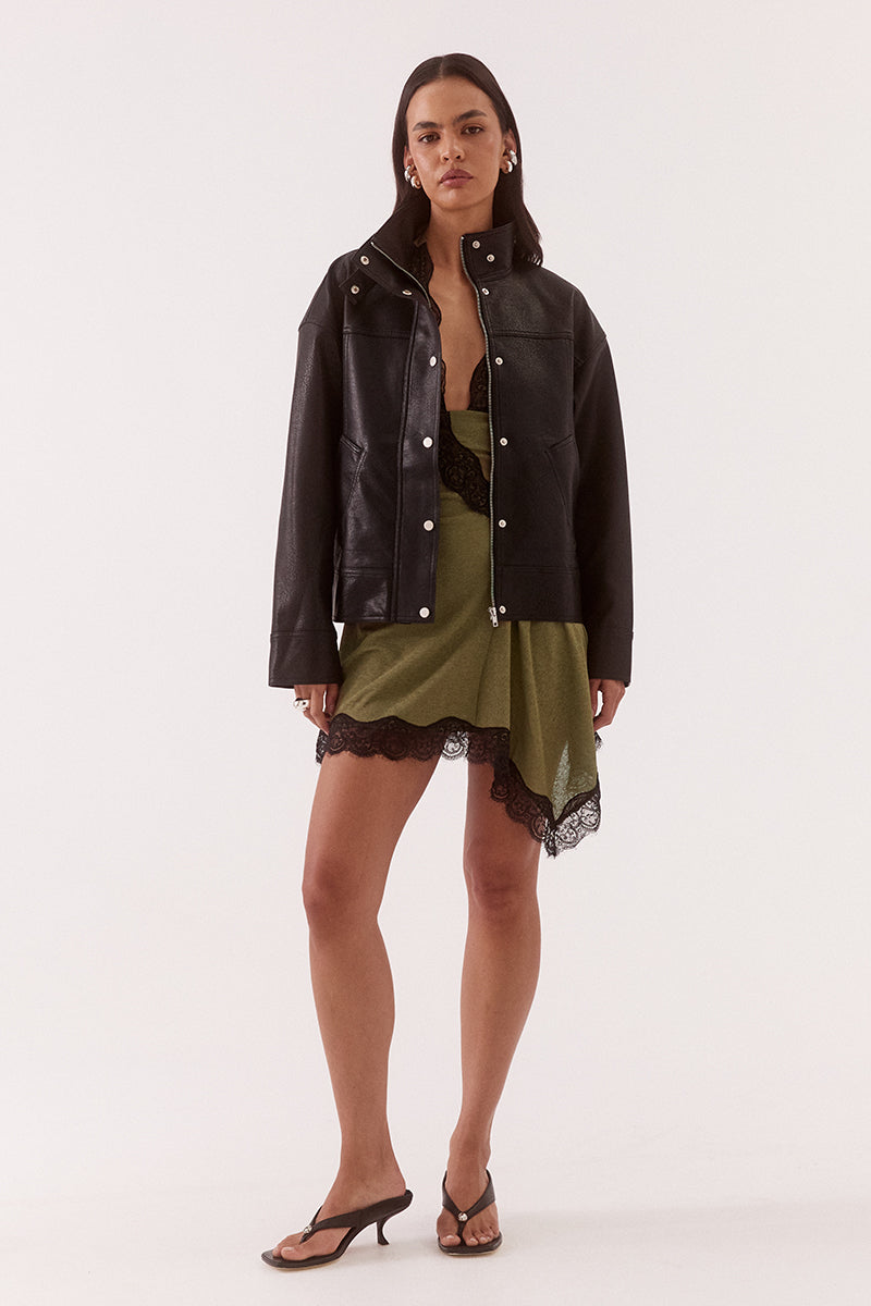 Women’s faux leather high neck jacket with boxy fit, dropped shoulders, front patch pockets and silver zip closure with press stud details