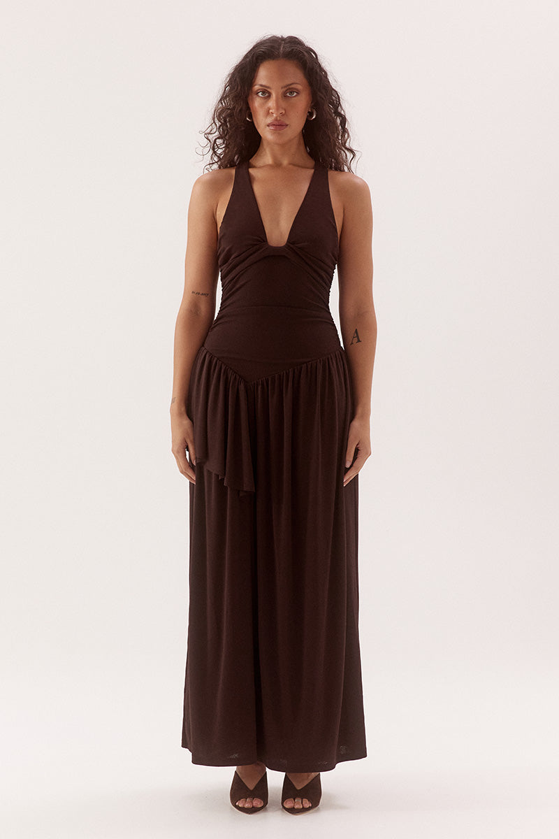 Dropped waist maxi dress in textured rib mesh with scoop neckline and one-sided frill overlay