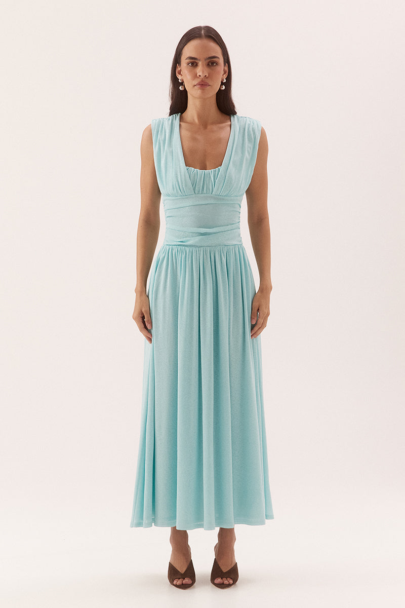 Empire line cami midi dress in stretch textured mesh with sweetheart neckline and gathered skirt