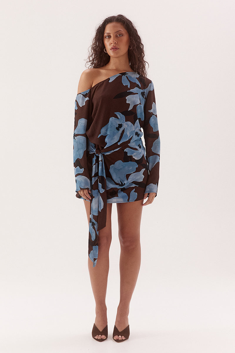 Off-shoulder mini dress in woven viscose with exclusive in-house print, long sleeves and drop waist tie