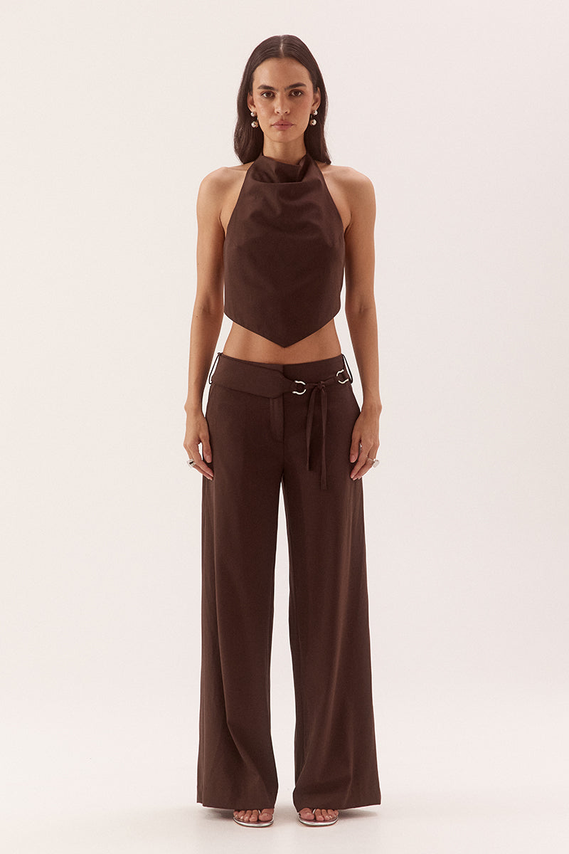 Mid-rise straight leg pants in stretch woven rayon with wide waistband and D-ring belt