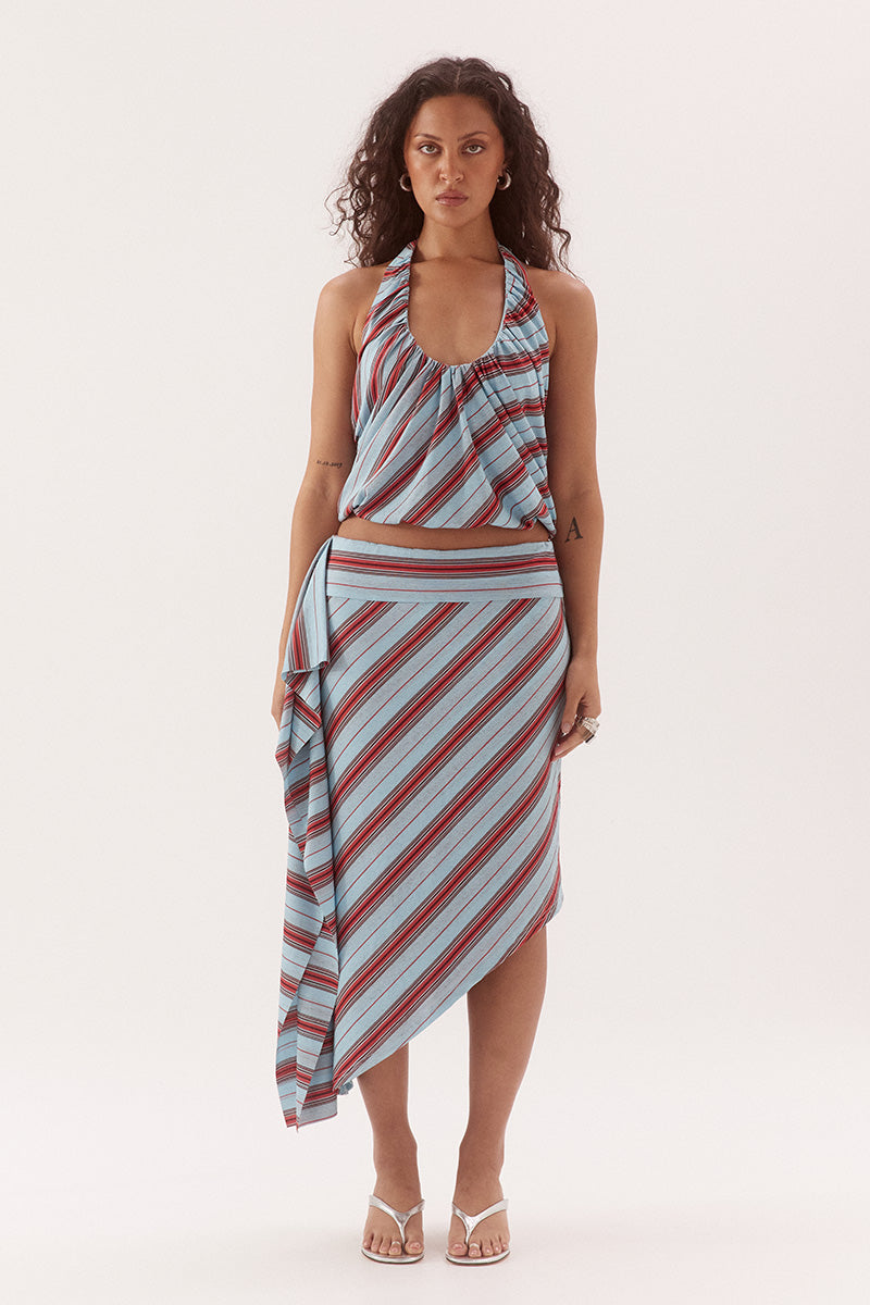 Mid-rise midi skirt in textured stretch mesh with asymmetric hem and side drape panel