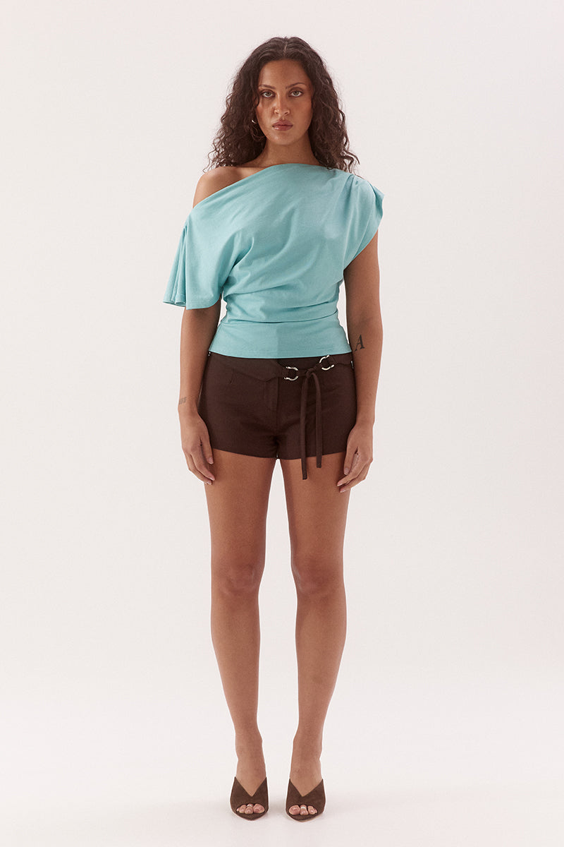 Boat neck cotton top with asymmetric split sleeve, can be worn on or off shoulder