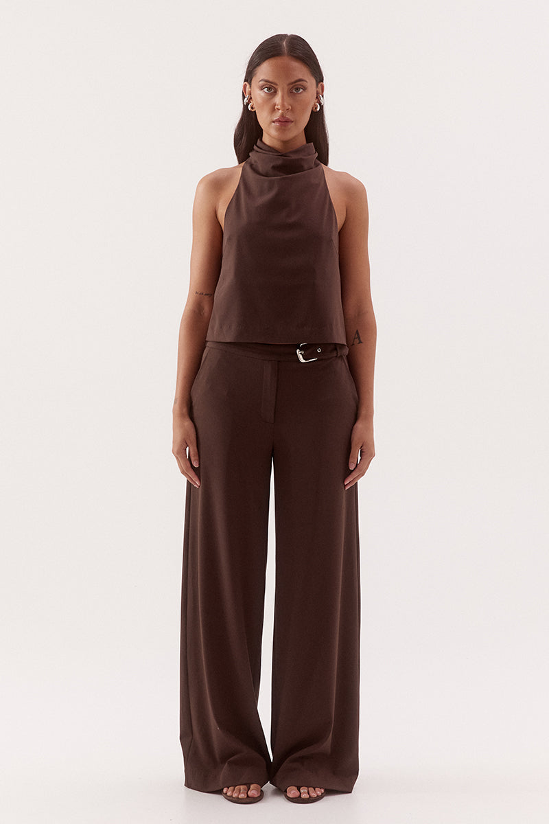 Women's mid-rise straight leg pants in a bamboo blend fabric with a relaxed fit, buckle waist detail, elasticated back waist, and functional pockets.