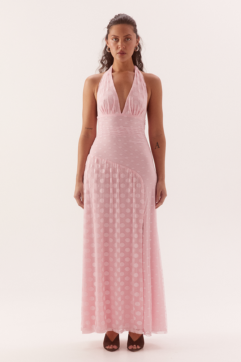 Two-layer mini dress in dot mesh with wide boat neck and side godet drape