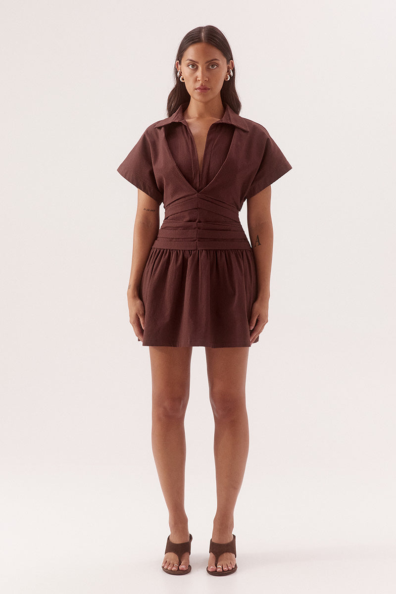 Pleated mini dress in stretch cotton with two piece collar and gathered full skirt