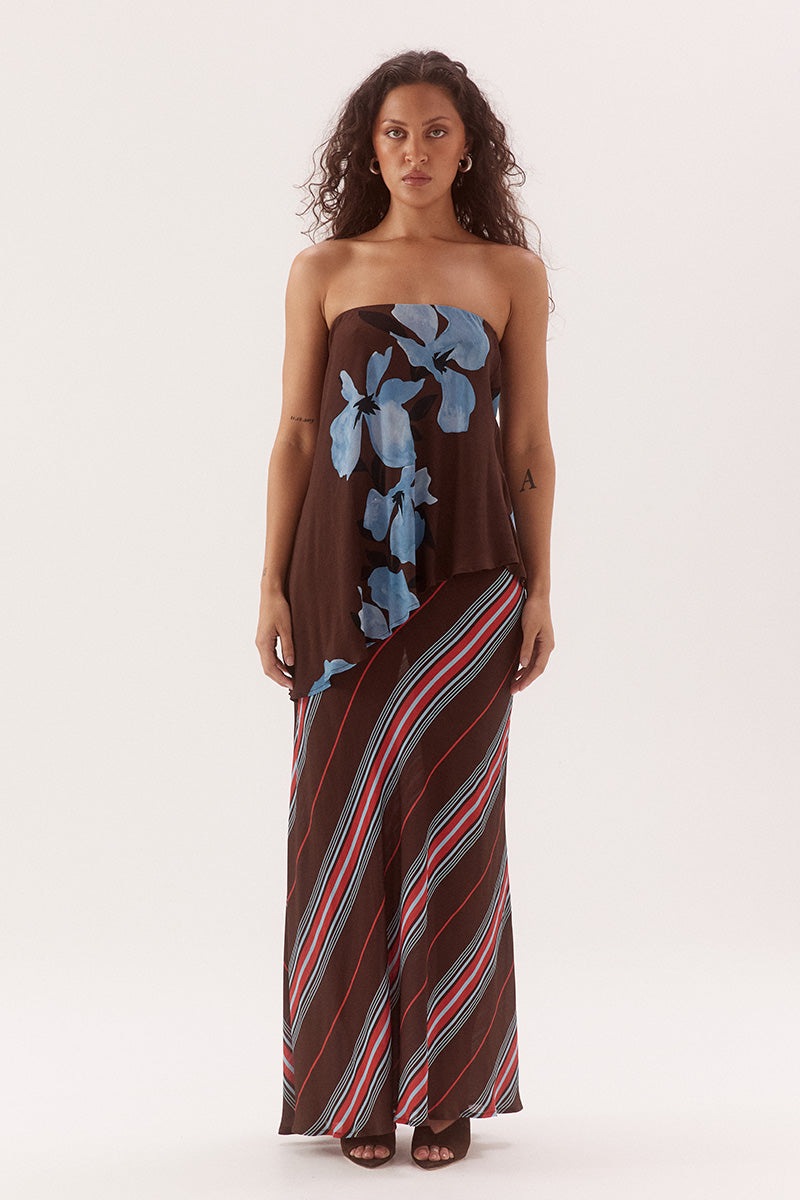 Bias cut slip skirt with asymmetric hem overlay and contrast removable lining in exclusive print