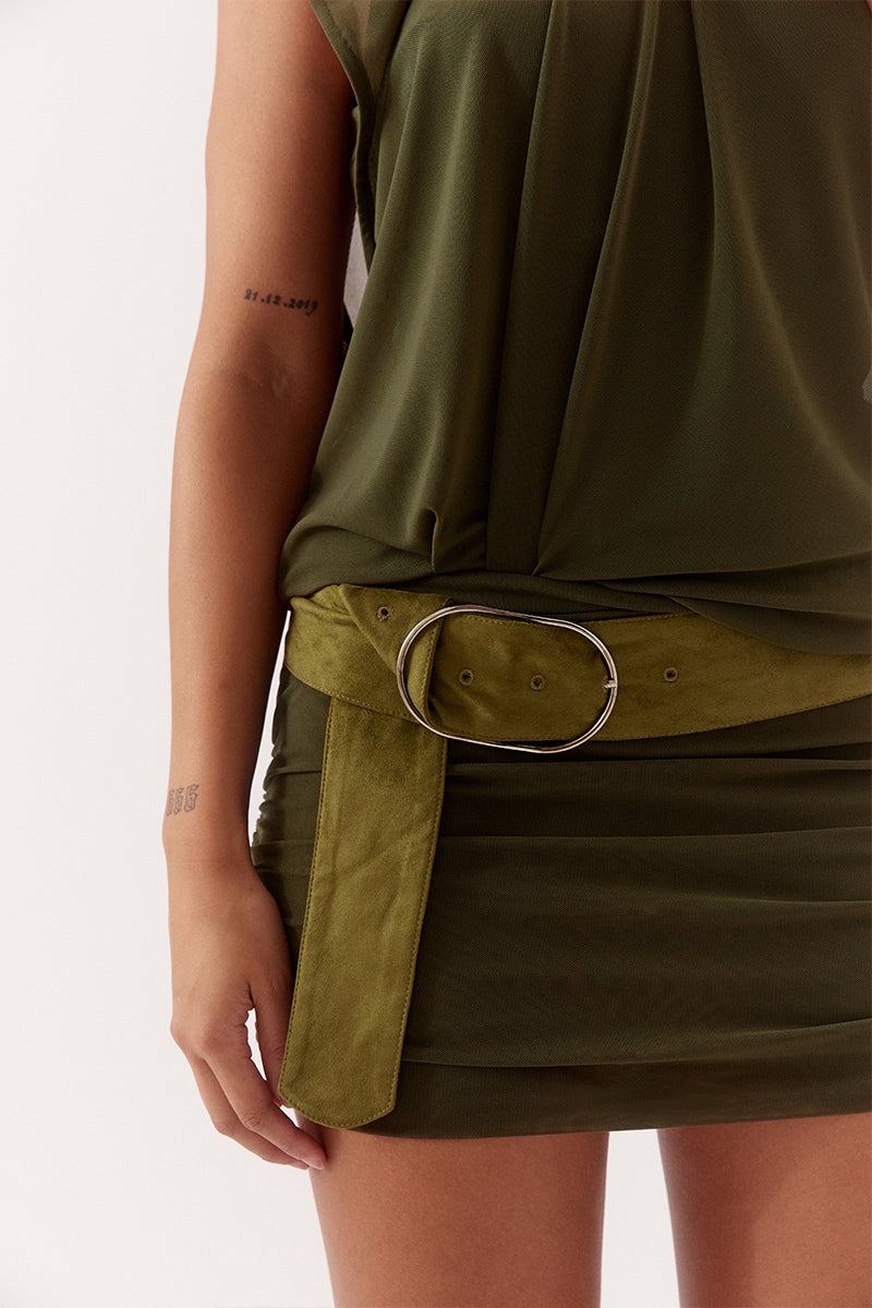 Women's stretch mesh sleeveless mini dress with sheer tank bodice, gathered skirt, boat neckline, built-in bralette and suede belt.