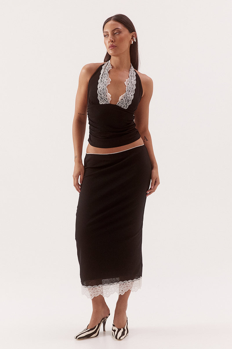 Halter neck empire line top in textured stretch mesh with lace trim neckline