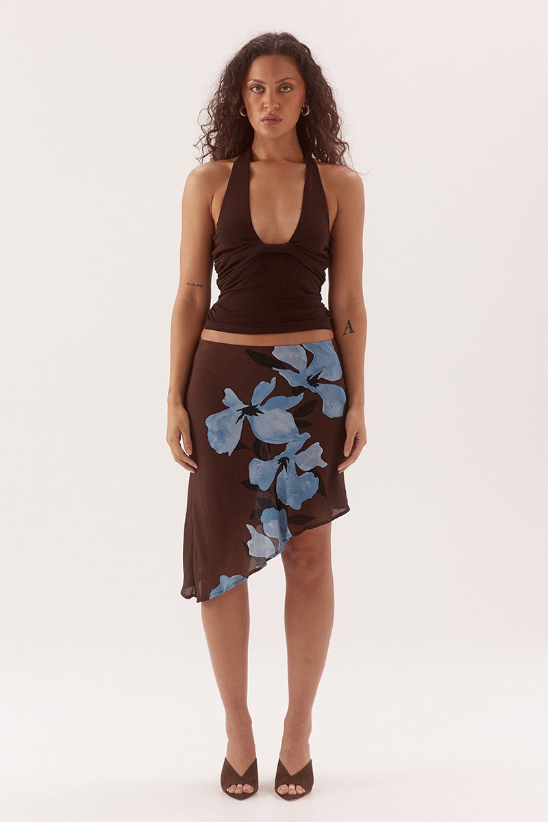 Bias cut slip skirt with asymmetric hem overlay and contrast removable lining in exclusive print