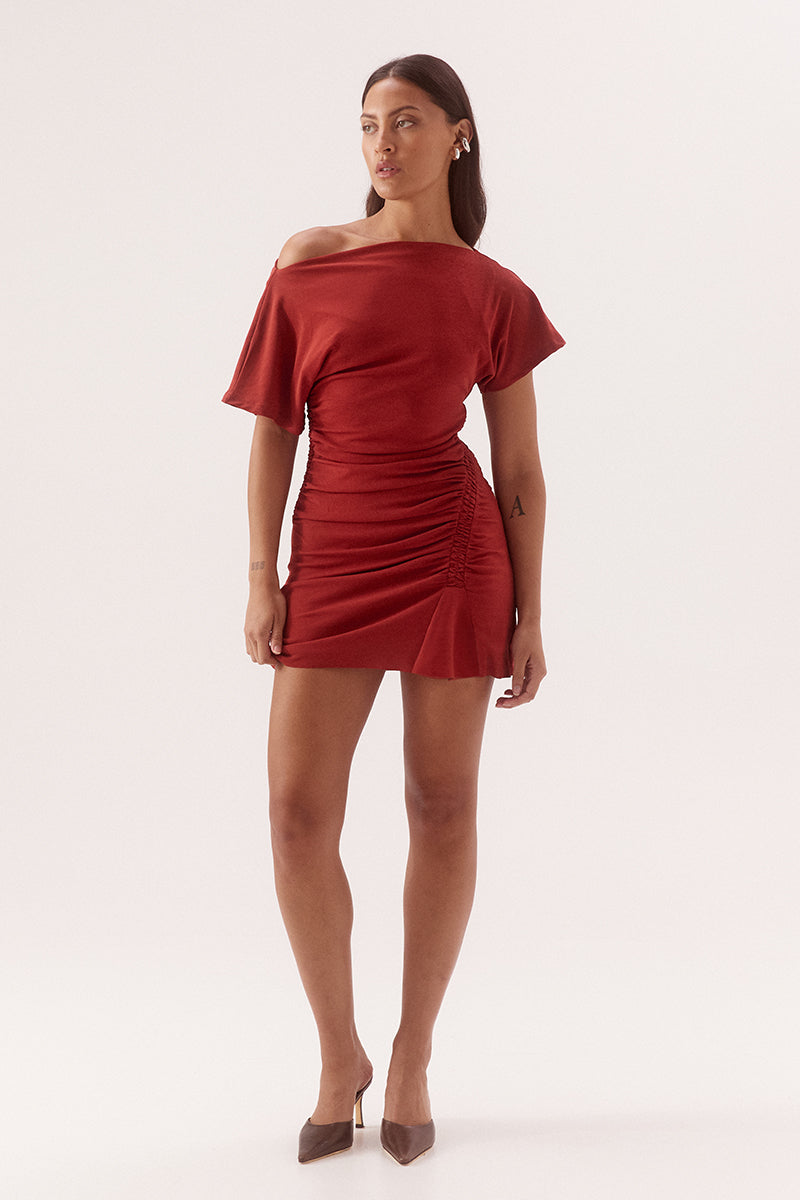 Textured mesh mini dress with off shoulder or on shoulder styling, gathered waist, boat neckline and fitted silhouette