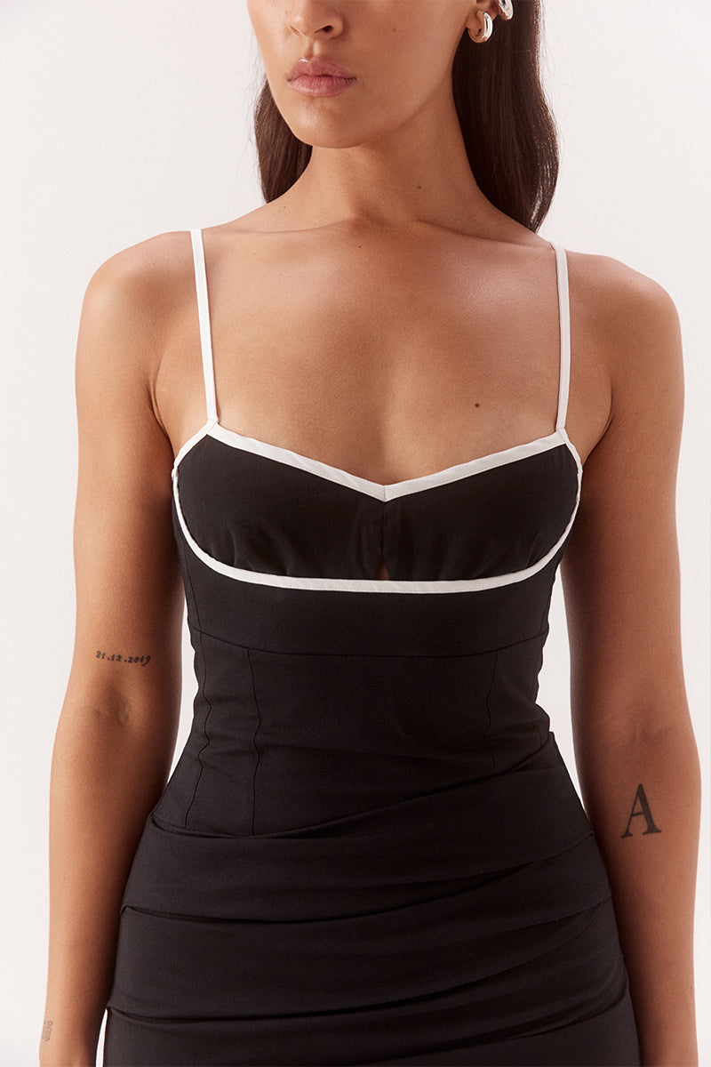Fitted midi dress in stretch cotton with sweetheart neckline and balconette bust cups