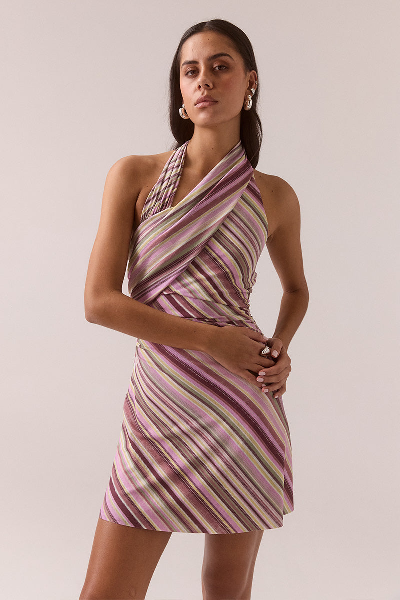 Women’s halter mini dress with exclusive print, textured stretch mesh fabric, gathered waist, A-line skirt, elasticated back, and back neck tie detail