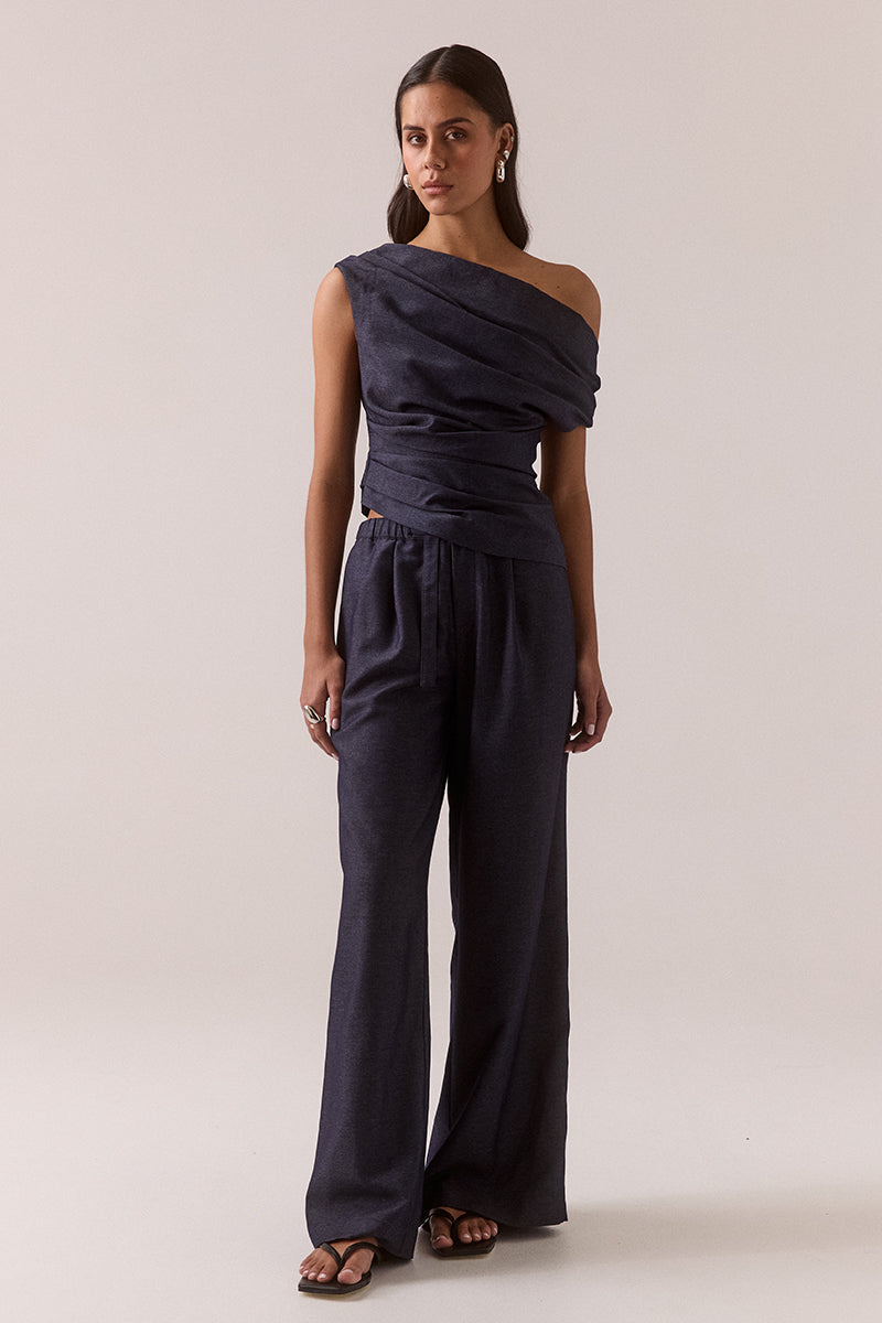 Fitted wide neck top with side tucks, shoulder detail and invisible side zipper