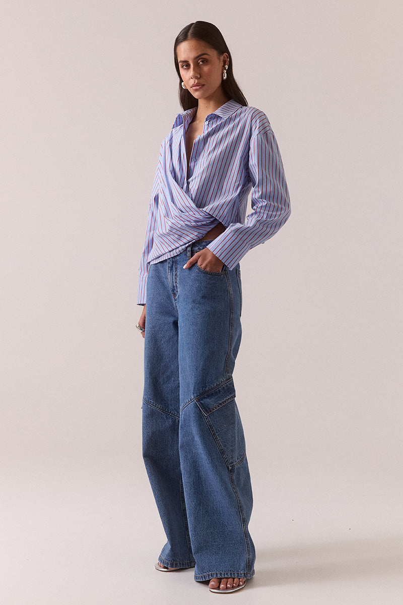 Cotton-blend striped wrap shirt with dropped shoulder and adjustable wide cuffs