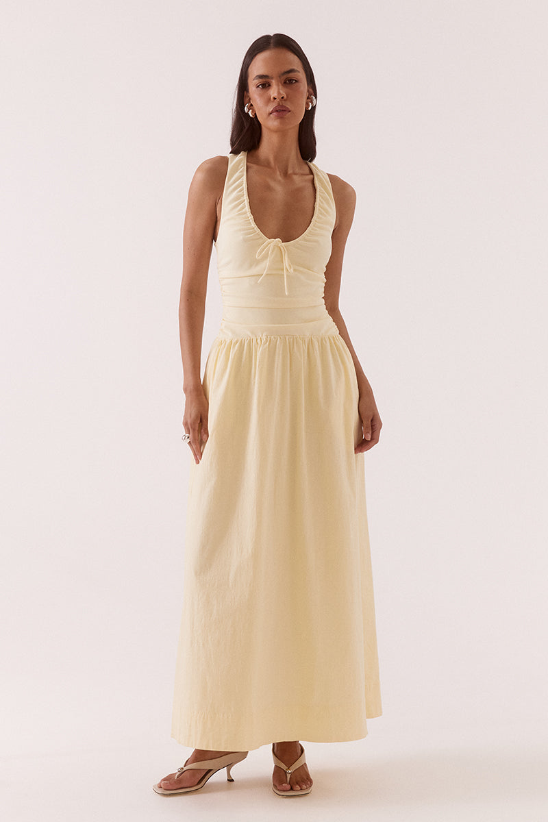 Women’s mixed fabric midi dress with stretch bodice, cotton skirt, scoop neckline with drawstring, gathered details, racer back, and side pockets.