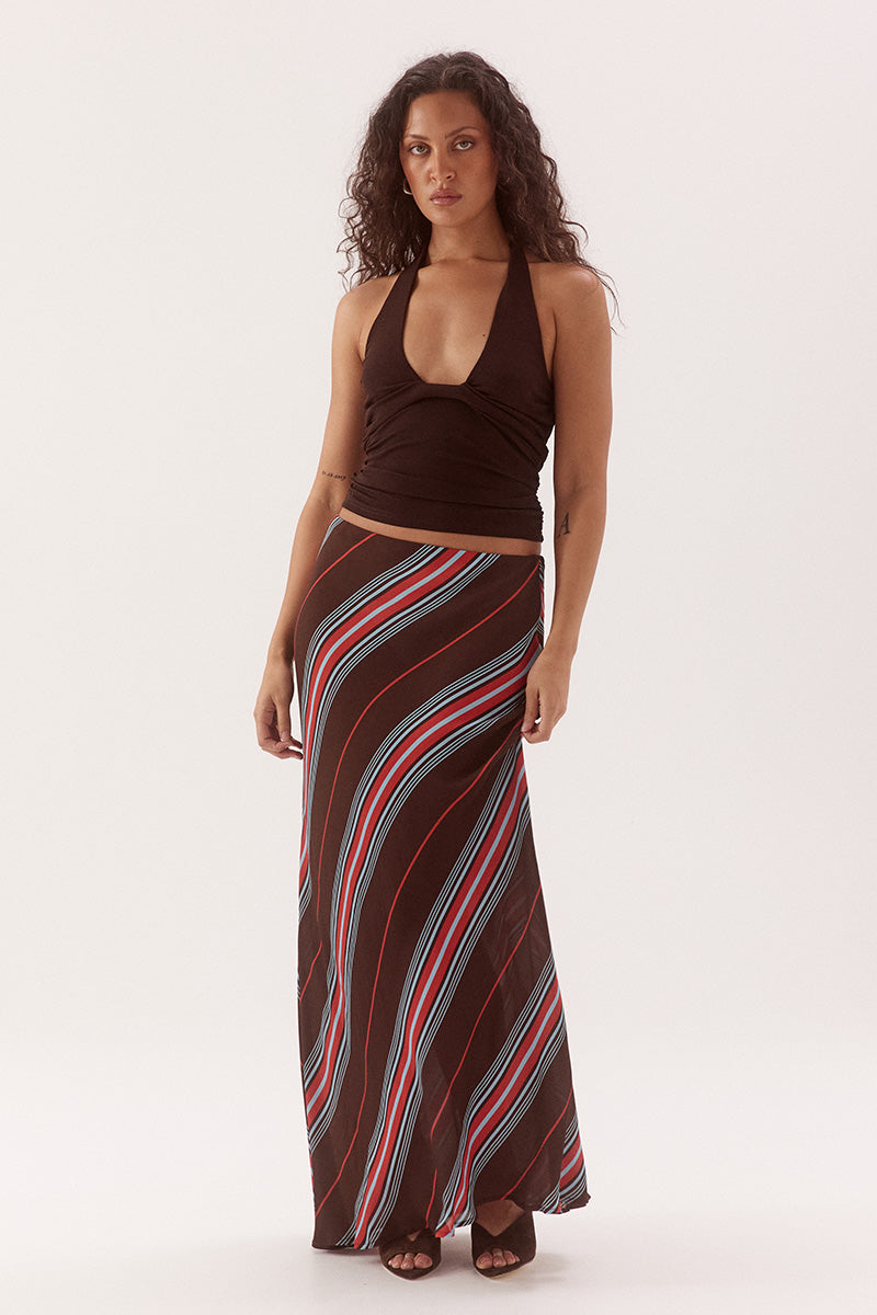 Bias cut slip skirt with asymmetric hem overlay and contrast removable lining in exclusive print