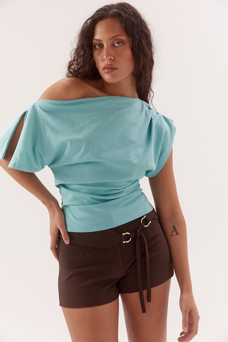 Boat neck cotton top with asymmetric split sleeve, can be worn on or off shoulder