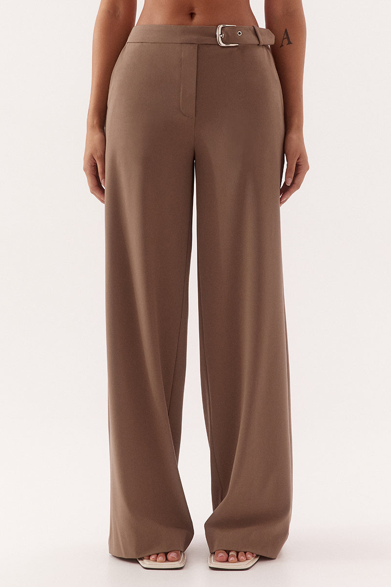 Women's mid-rise straight leg pants in a bamboo blend fabric with a relaxed fit, buckle waist detail, elasticated back waist, and functional pockets.