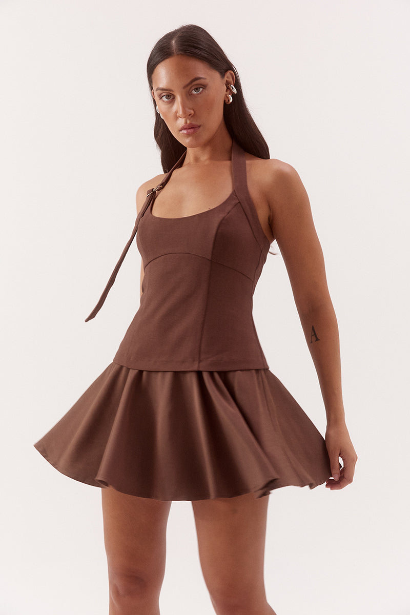 Black halter neck mini dress with adjustable strap, silver D ring detail, shaped bodice and soft gathered Lyocell skirt