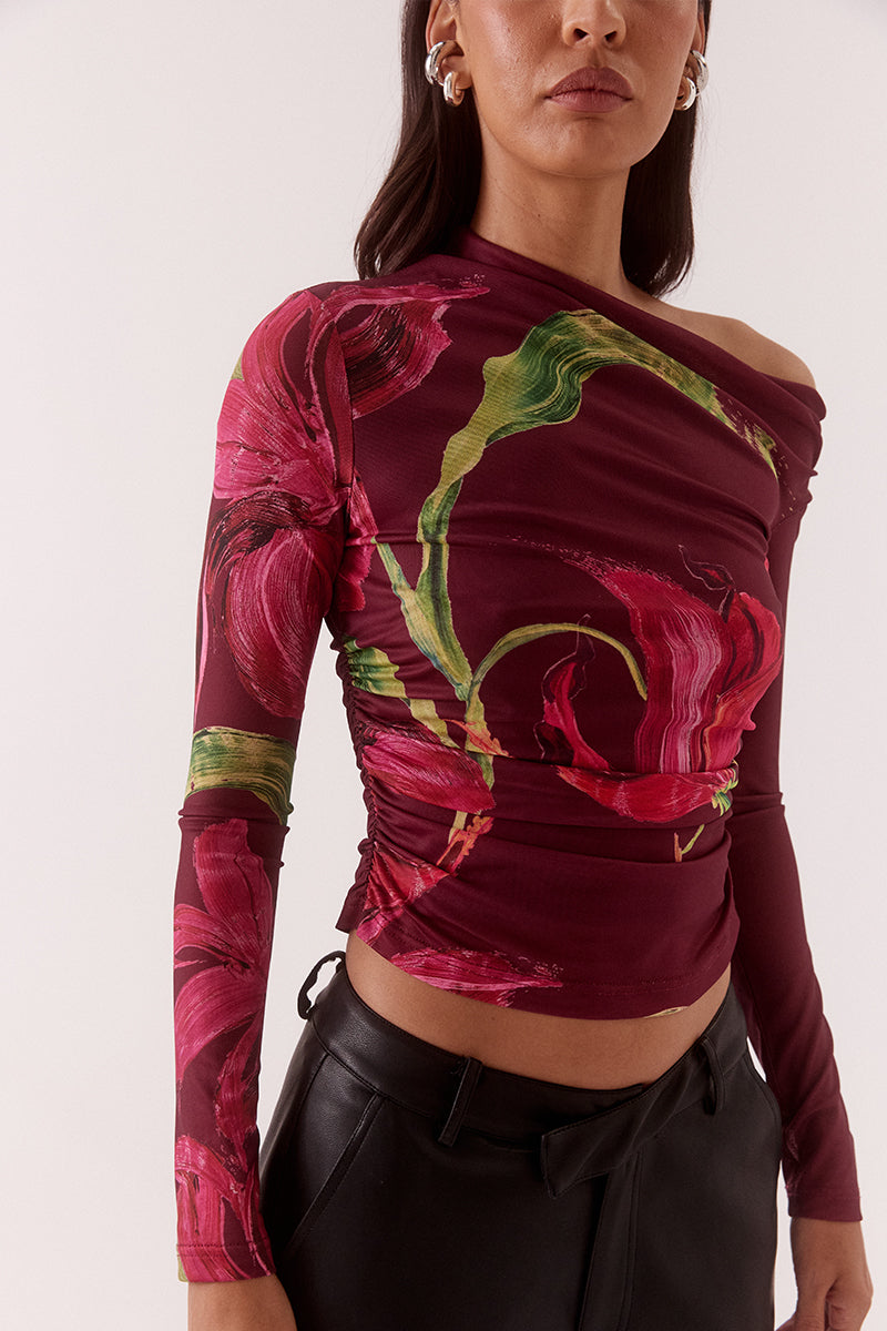 Women’s off-shoulder stretch mesh top with asymmetric high neck, long sleeves, and gathered waist detail in exclusive placement print, fitted silhouette, fully lined