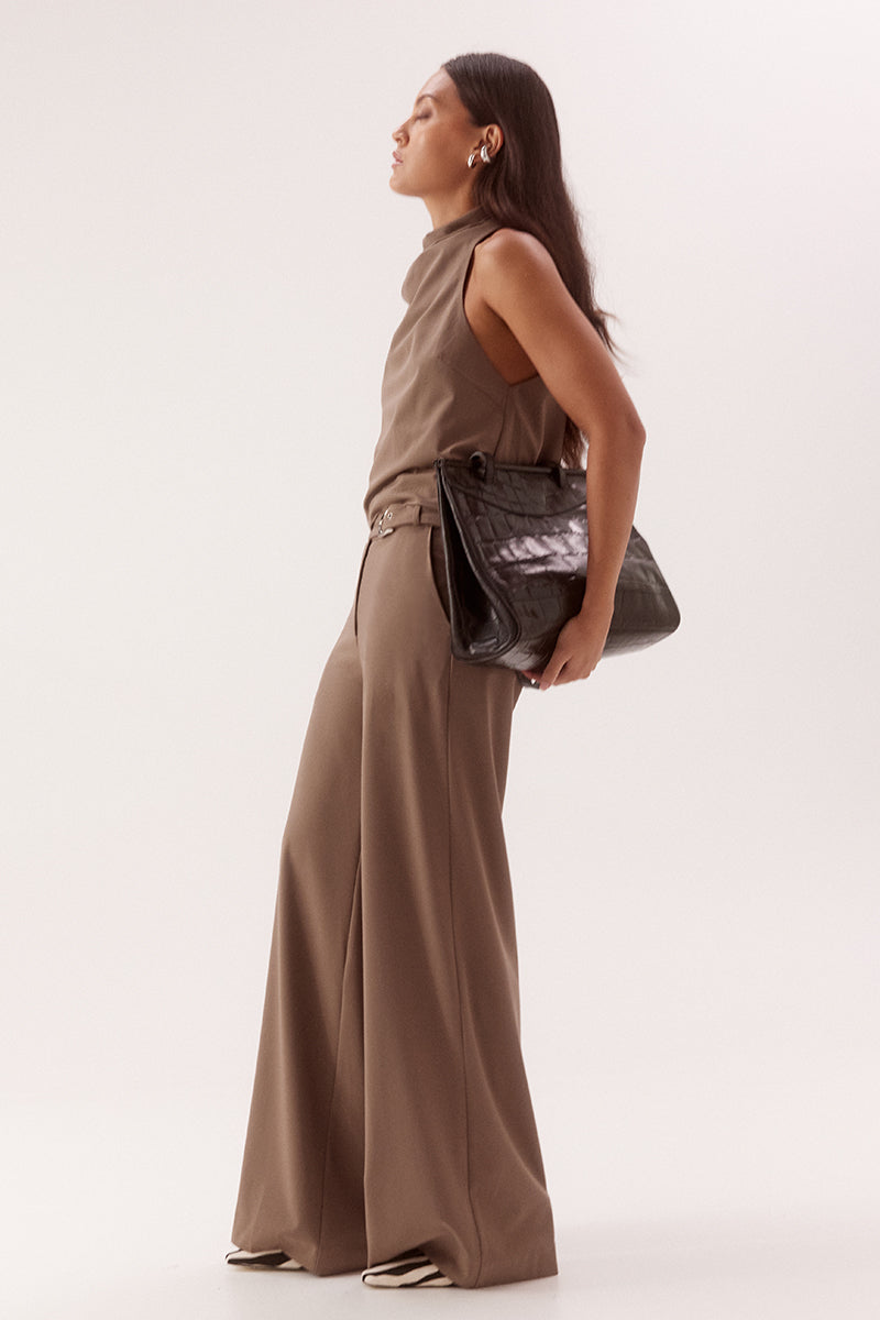 Women's bamboo blend sleeveless top with a soft cowl neckline, side neck pleats, racer back design, and relaxed fit silhouette.