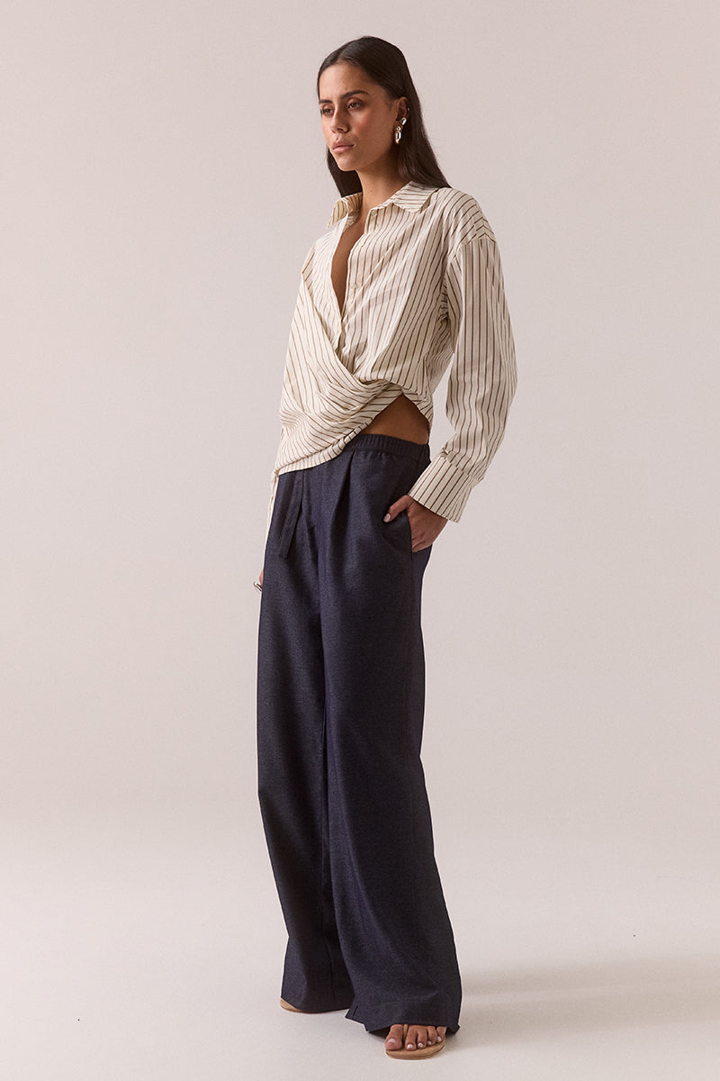 Cotton-blend striped wrap shirt with dropped shoulder and adjustable wide cuffs