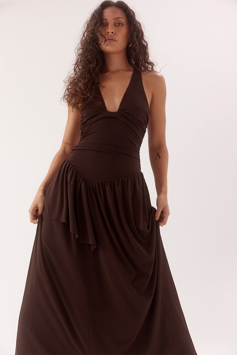 Dropped waist maxi dress in textured rib mesh with scoop neckline and one-sided frill overlay
