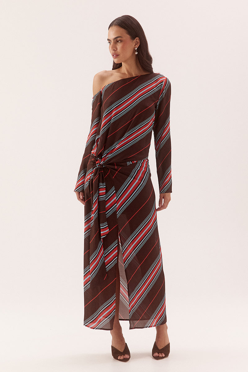 Off-shoulder maxi dress in woven viscose with exclusive in-house print, long sleeves and drop waist tie
