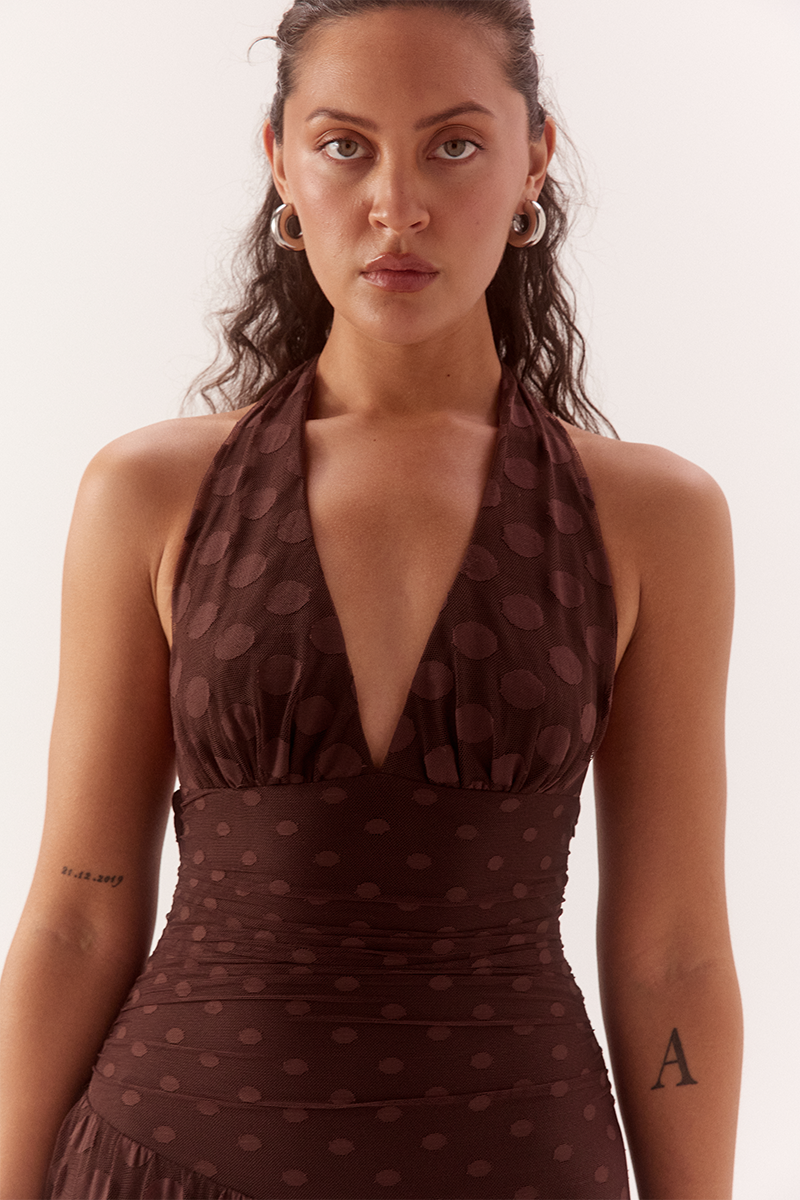 Halter neck empire line midi dress in dot mesh with contrast godet drape panel