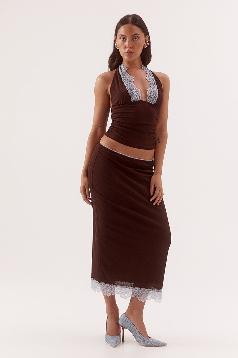Halter neck empire line top in textured stretch mesh with lace trim neckline