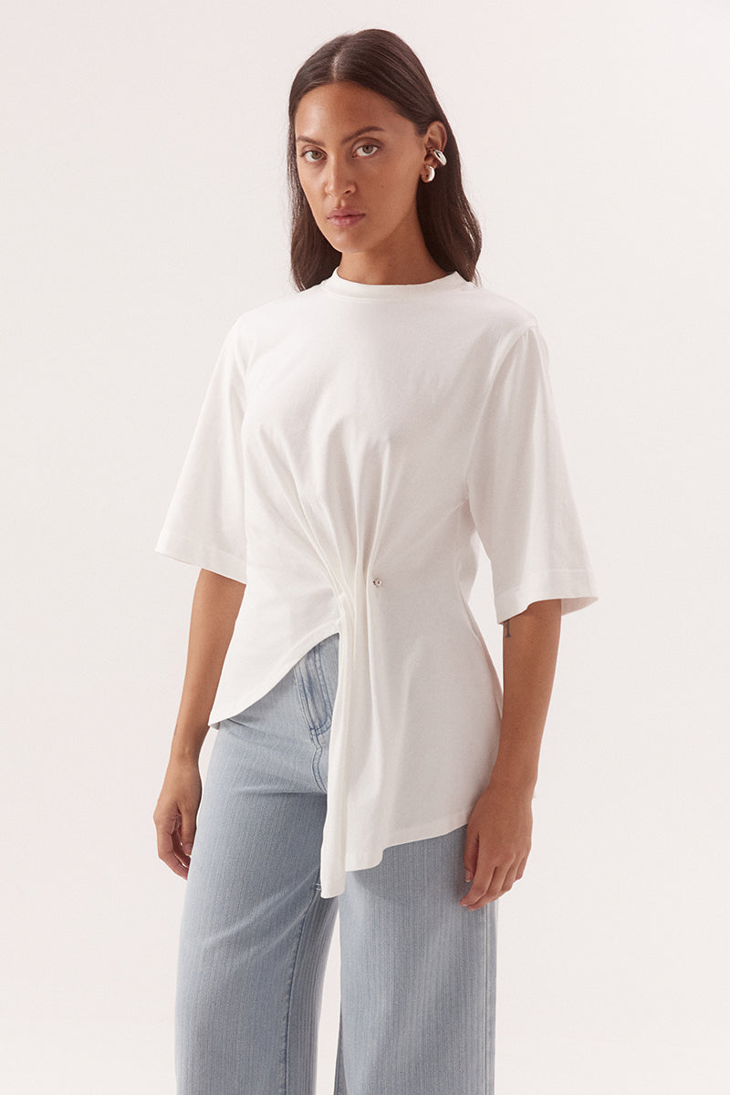 Relaxed fit T-shirt mini dress in cotton with cinched waist and asymmetric pleated hem