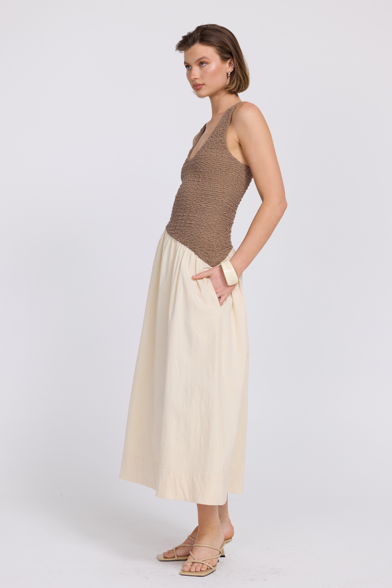 haven dress in taupe & cream sovere SOVERE Haven Dress in Taupe & Cream