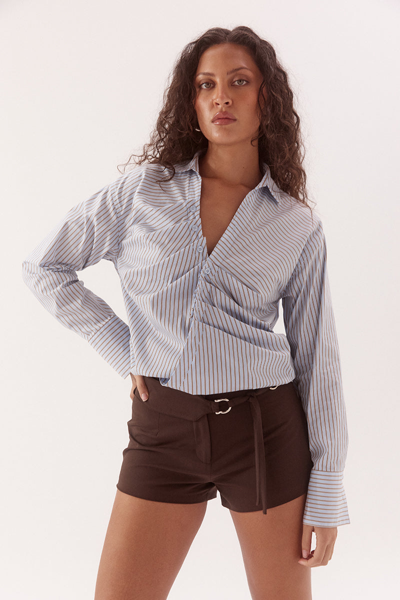 Fixed wrap shirt in cotton blend stripe with dropped shoulder and drawstring hem