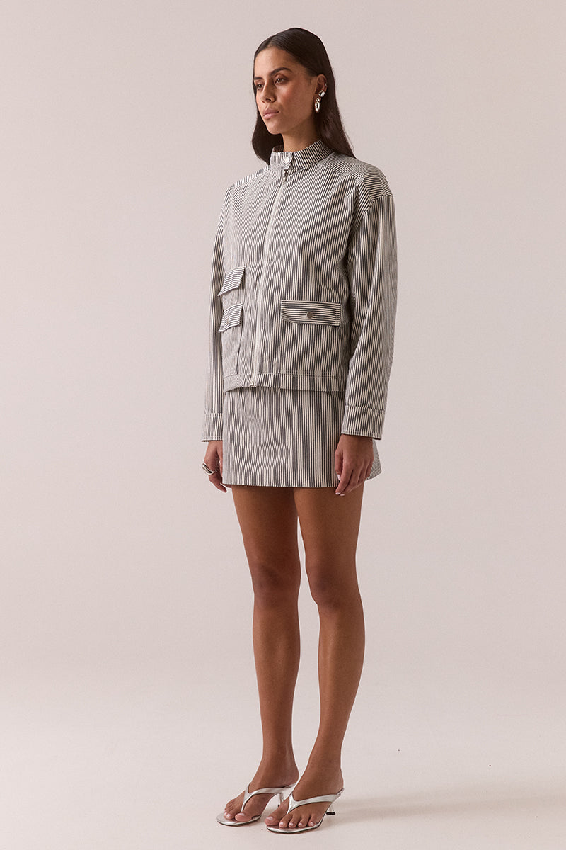 Striped jacket with functional patch pockets, welt pocket, and press-stud sleeve cuffs