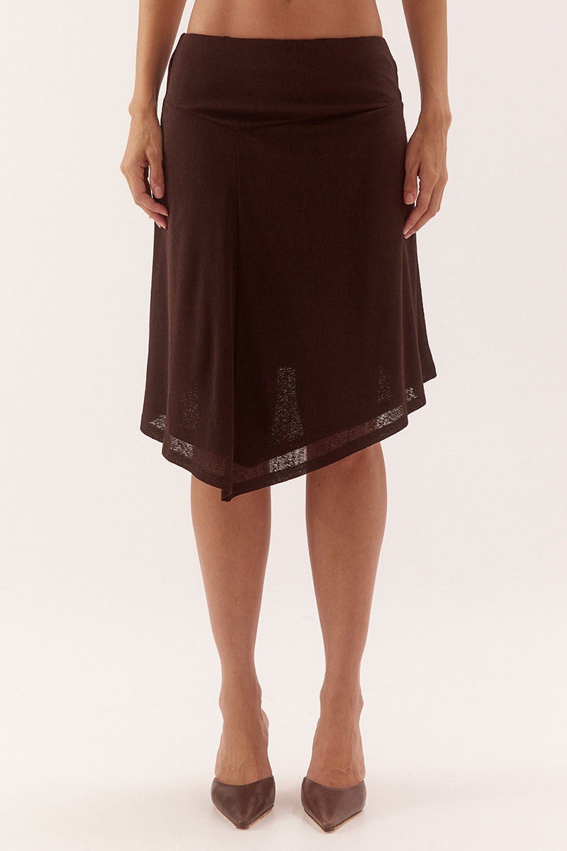 Mid-rise midi skirt in stretch textured mesh with asymmetric waistband and hem