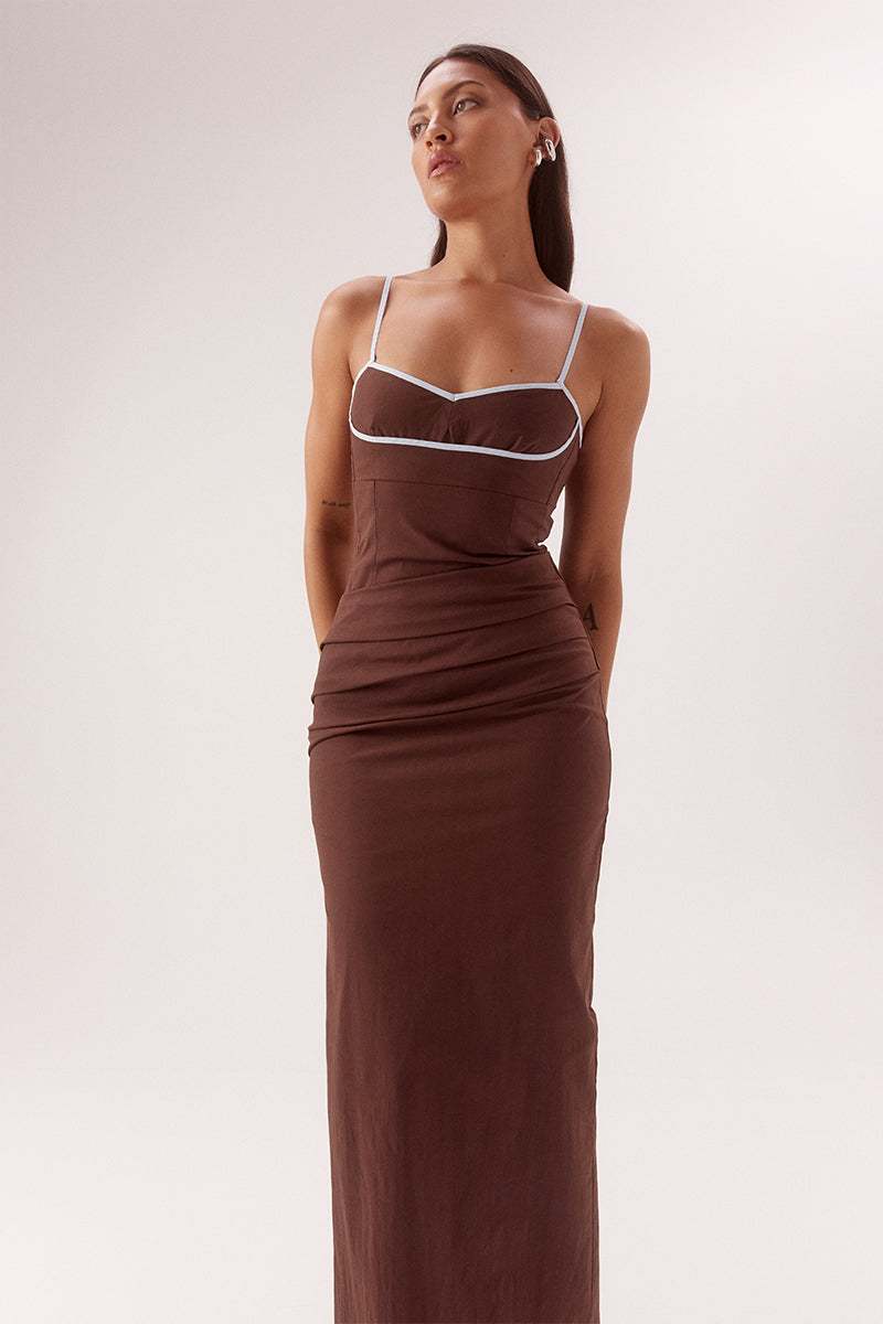 Fitted midi dress in stretch cotton with sweetheart neckline and balconette bust cups