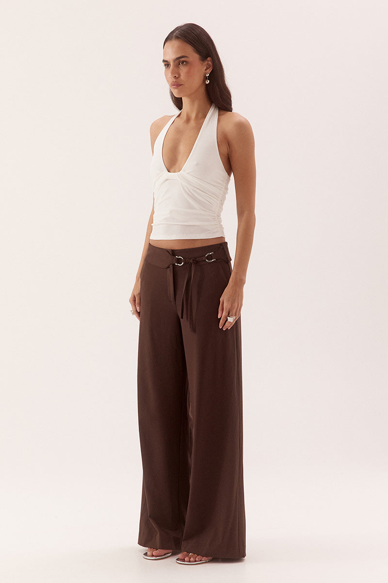 Halter neck top in textured rib mesh with scoop neckline and tucked front detail
